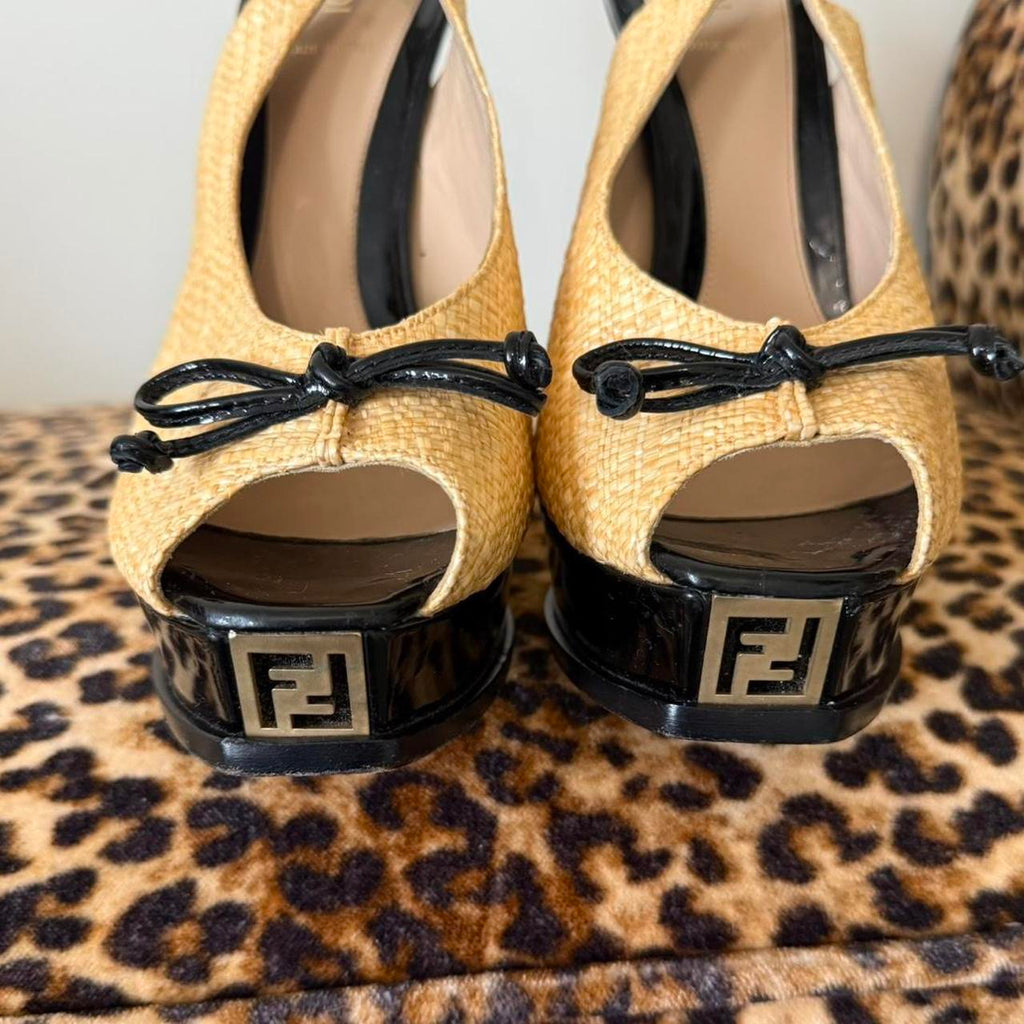 Fendi Raffia Peep Toe Slingback Platform Heels