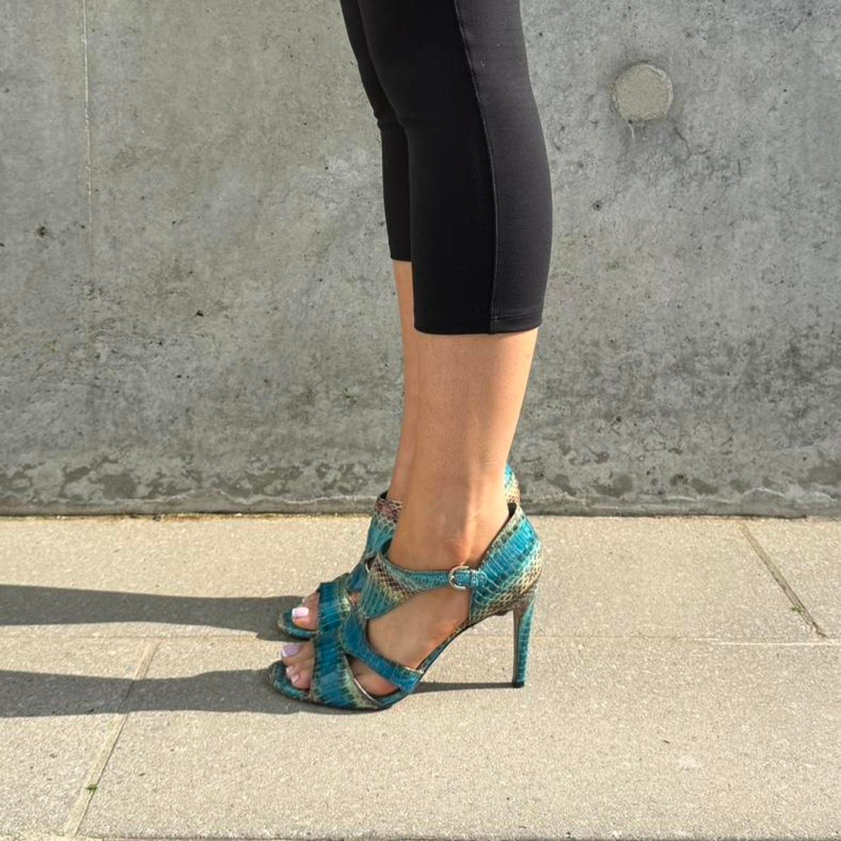 Sergio Rossi Blue Snake Embossed Leather Cage Heels