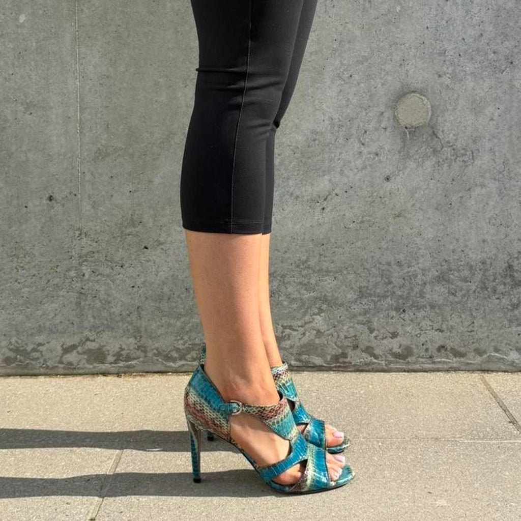Sergio Rossi Blue Snake Embossed Leather Cage Heels