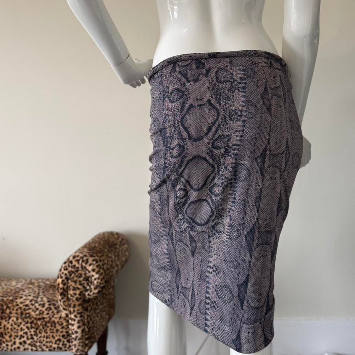 Roberto Cavalli Grey Snakeskin Print Asymmetrical Midi Skirt