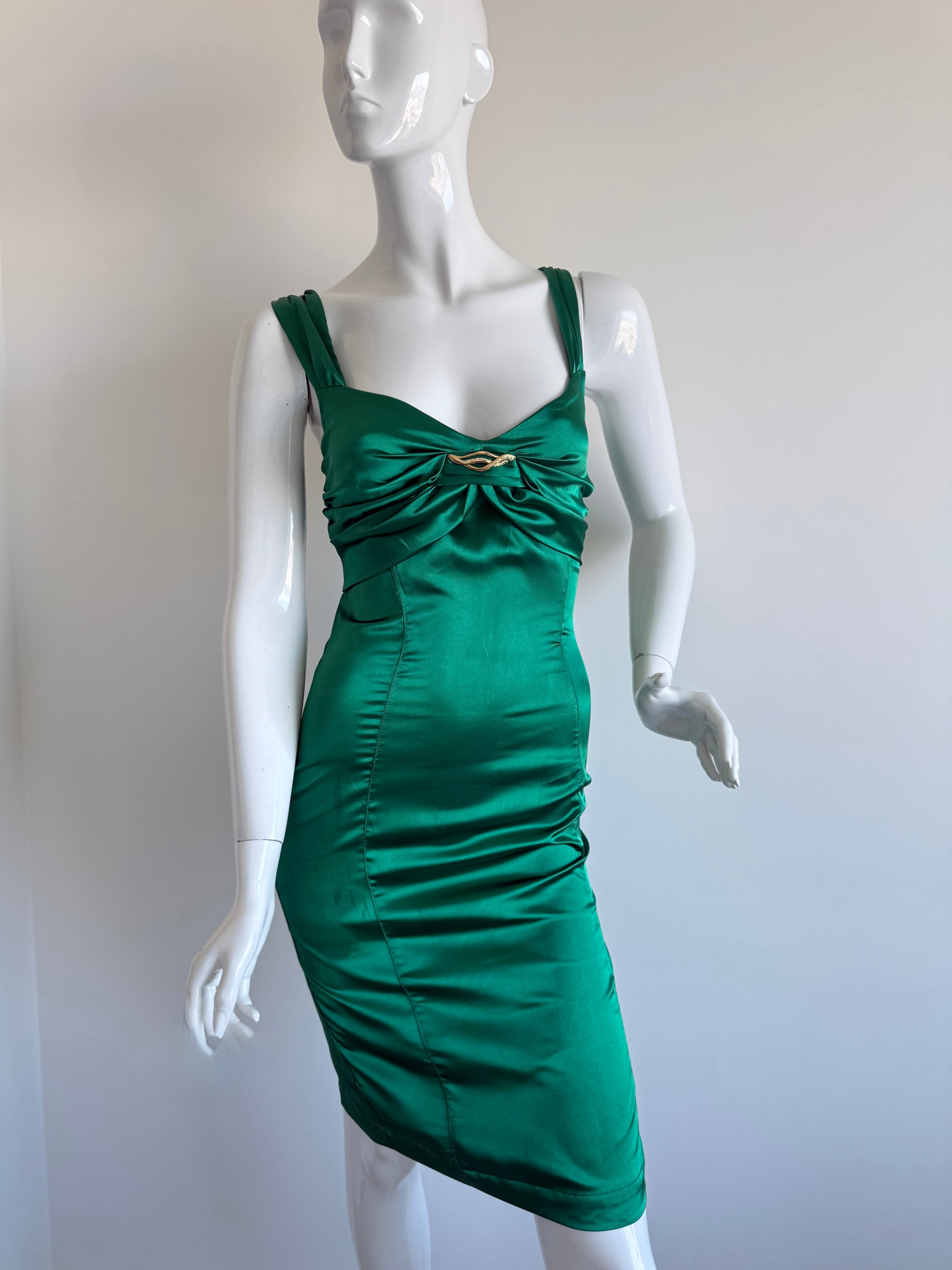 Roberto Cavalli Green Bodycon Ruched Midi Dress
