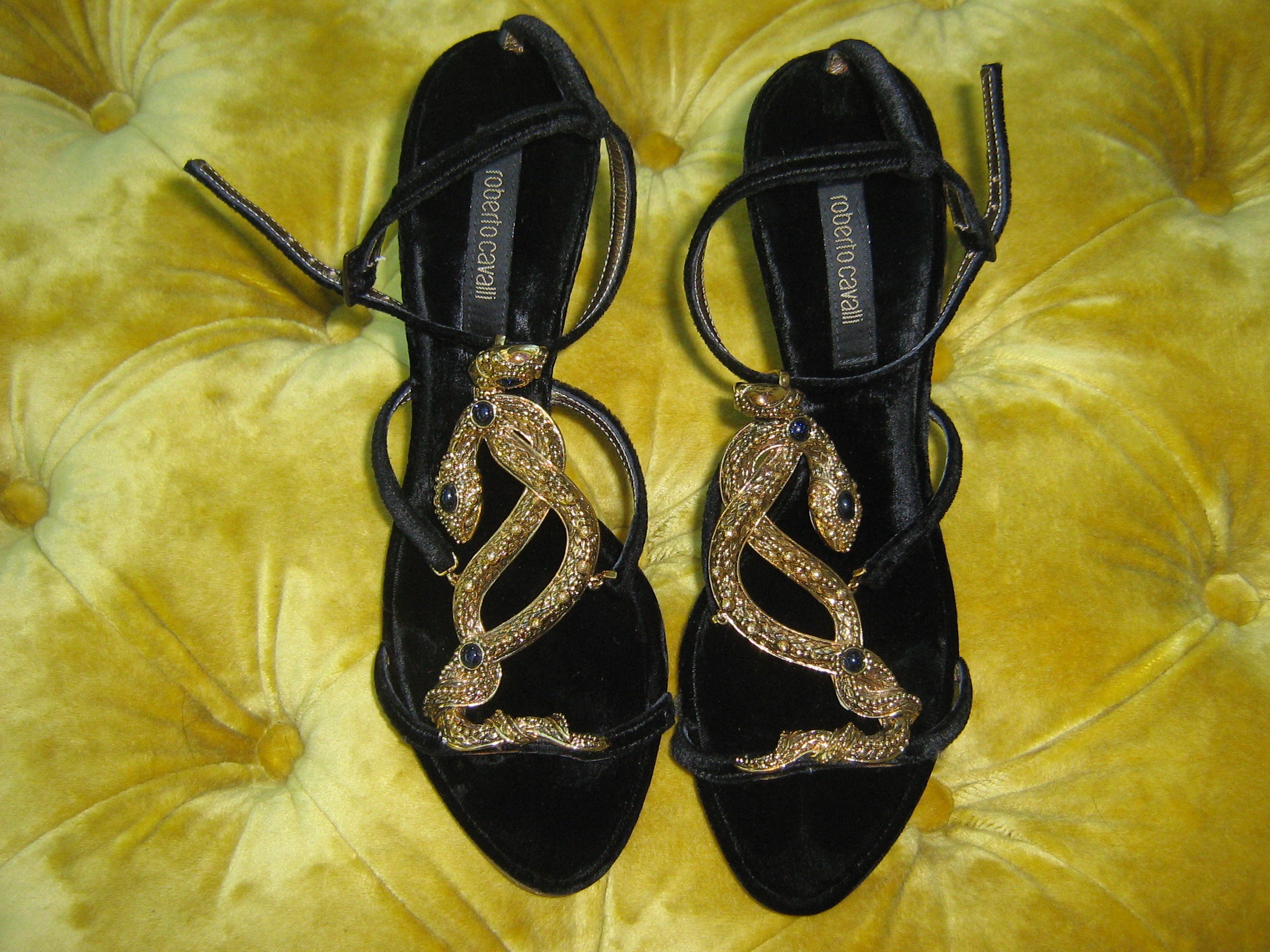 Vintage Roberto Cavalli Velvet Snake Embellished Black Heel Sandals