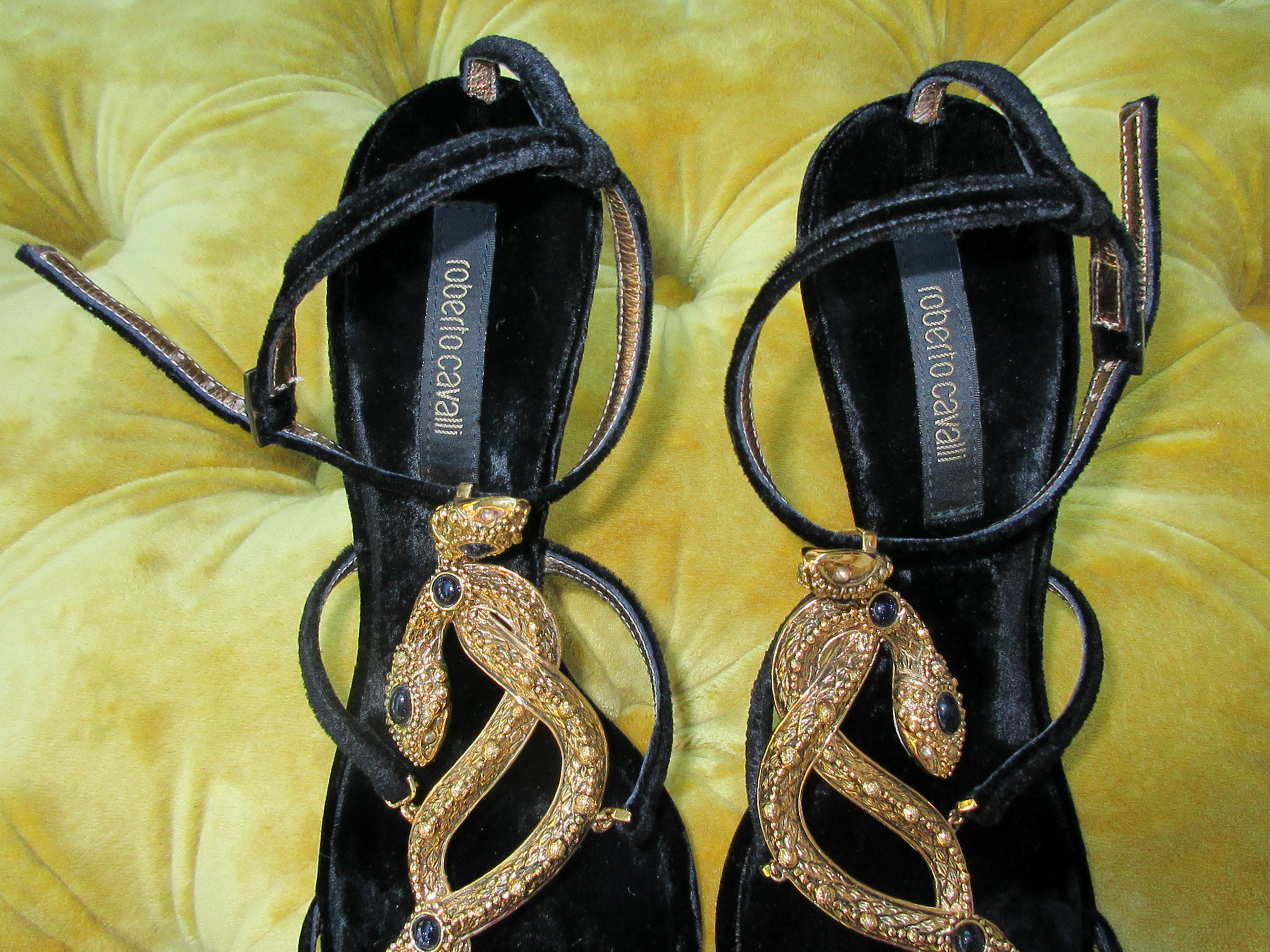 Vintage Roberto Cavalli Velvet Snake Embellished Black Heel Sandals