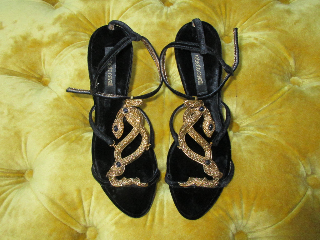 Vintage Roberto Cavalli Velvet Snake Embellished Black Heel Sandals