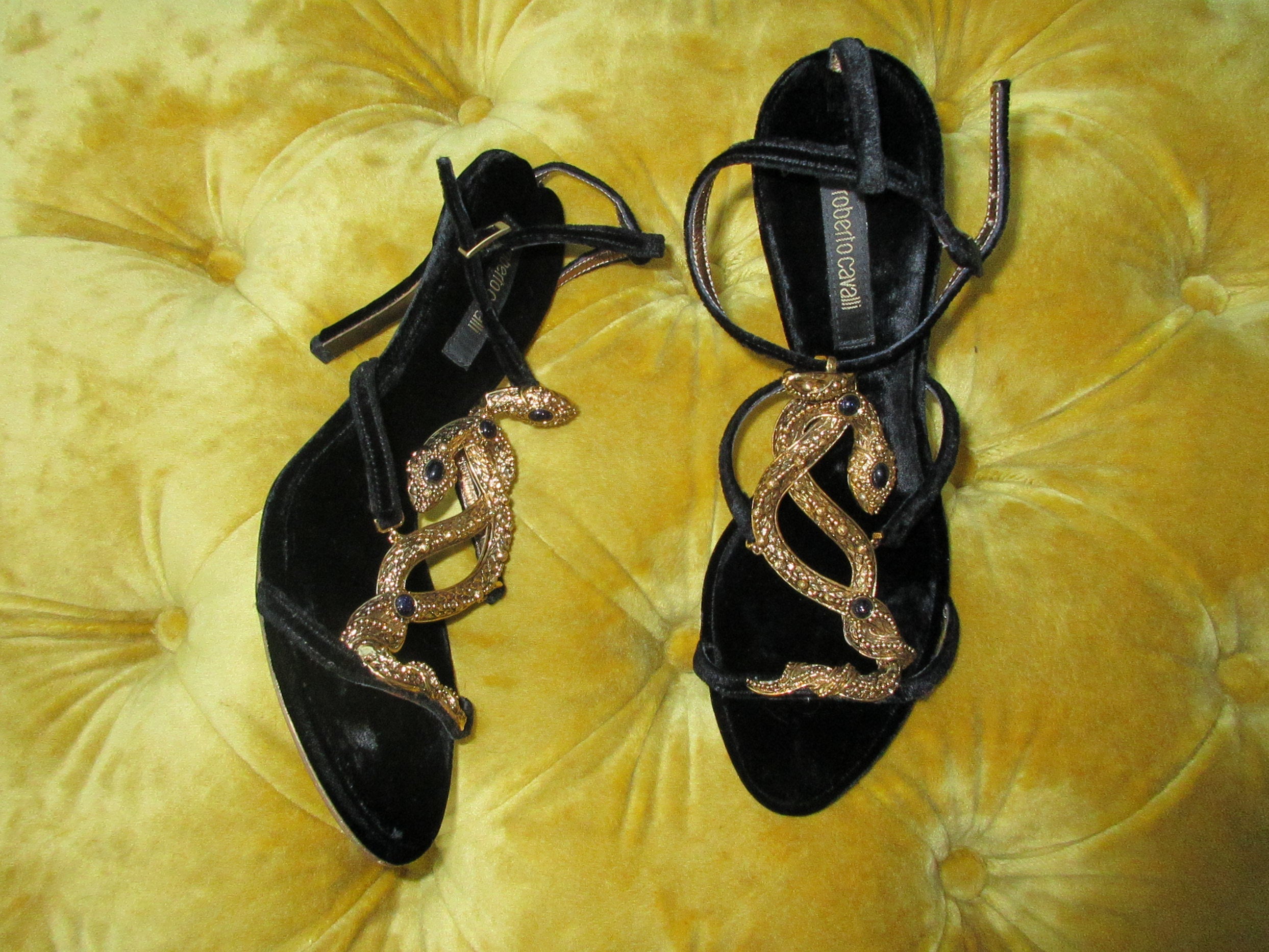 Vintage Roberto Cavalli Velvet Snake Embellished Black Heel Sandals