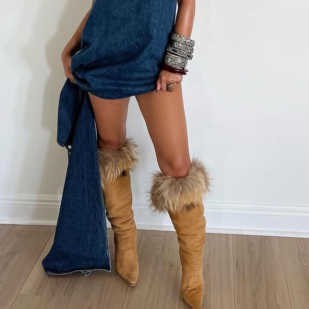 Manolo Blahnik Suede Fur Stiletto Knee High Boots