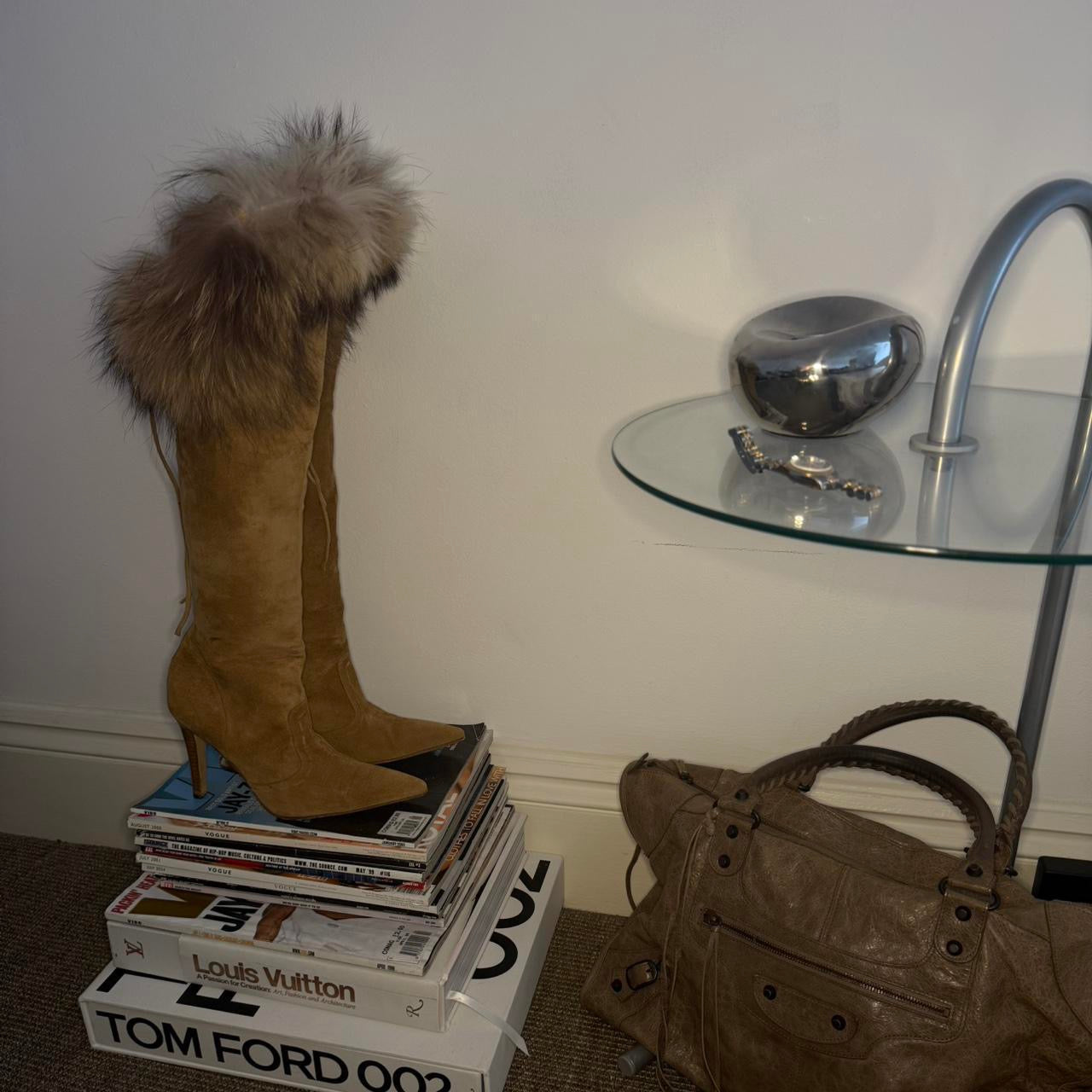 Manolo Blahnik Suede Fur Stiletto Knee High Boots