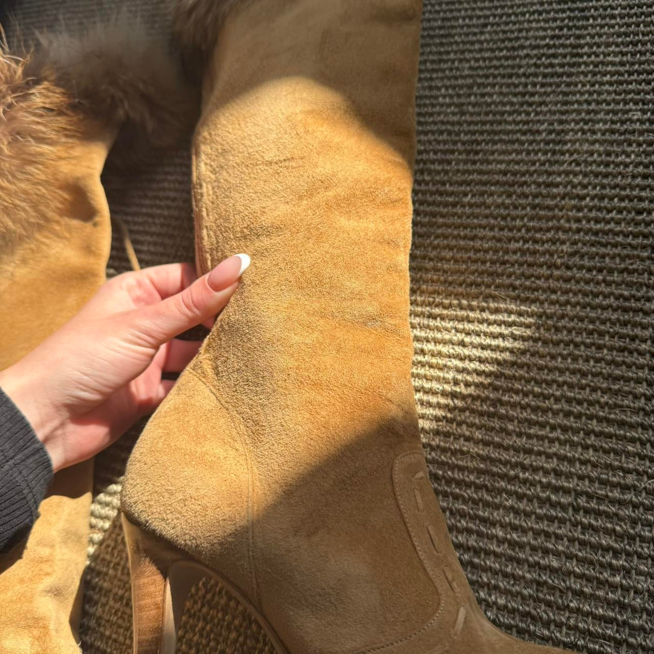 Manolo Blahnik Suede Fur Stiletto Knee High Boots