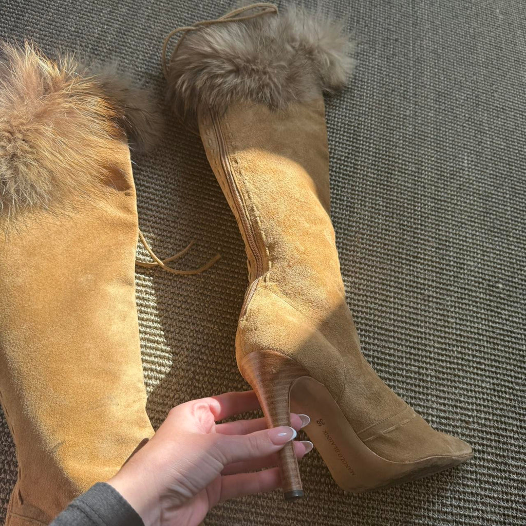 Manolo Blahnik Suede Fur Stiletto Knee High Boots