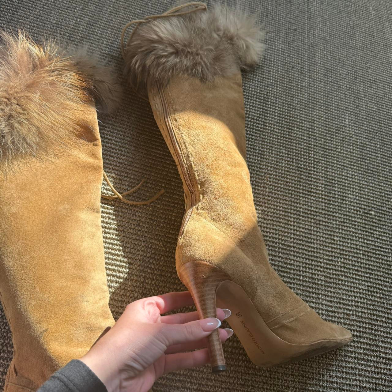 Manolo Blahnik Suede Fur Stiletto Knee High Boots