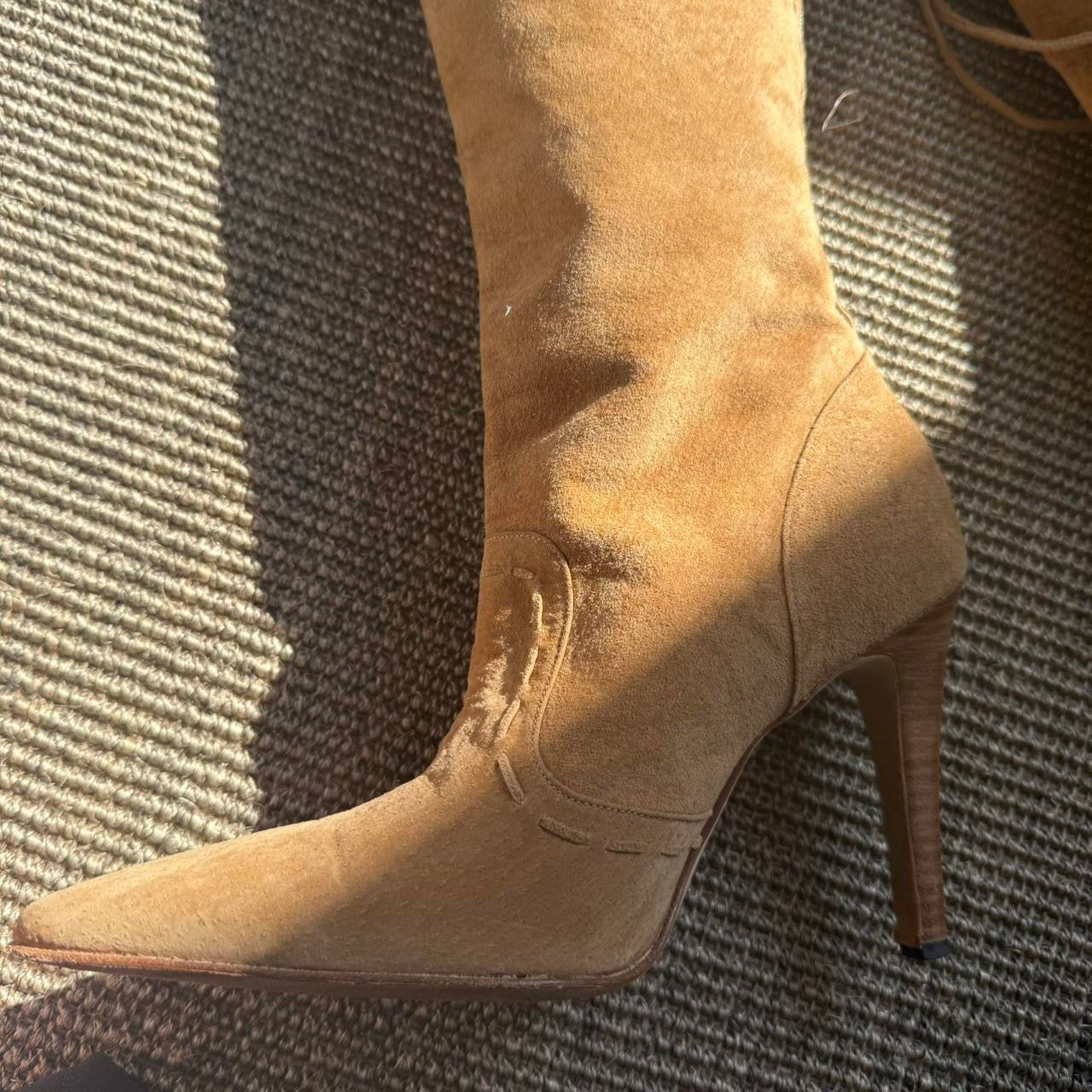 Manolo Blahnik Suede Fur Stiletto Knee High Boots
