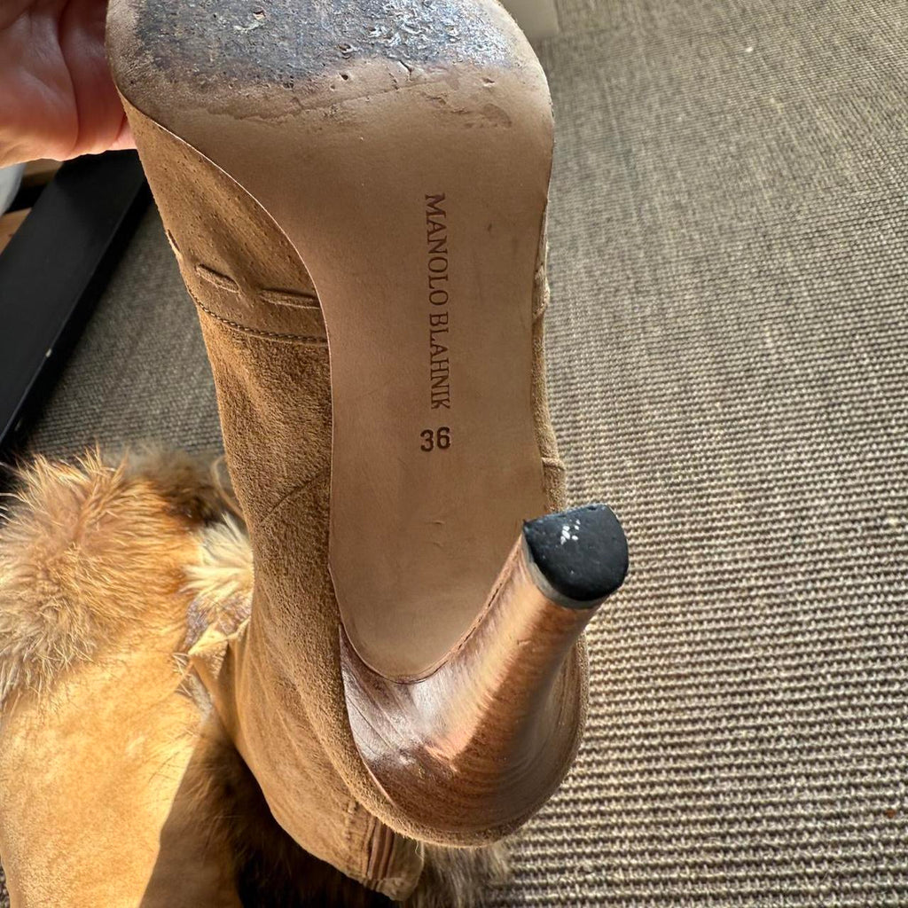 Manolo Blahnik Suede Fur Stiletto Knee High Boots